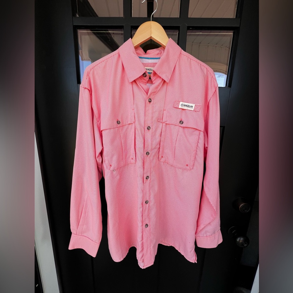 Magellan Outdoors Mens Orange White Gingham Checkered Angler Fit Fish Shirt